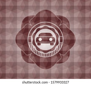 car seen from front icon inside red seamless badge with geometric background.