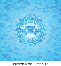 car seen from front icon inside light blue emblem with triangle mosaic background