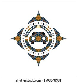 car seen from front icon inside arabic style emblem. Arabesque decoration.