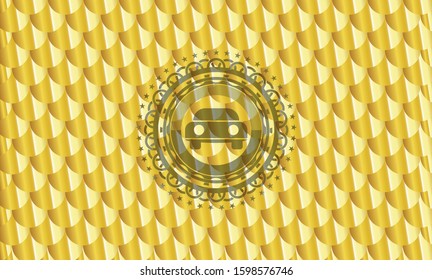 car seen from front icon inside golden badge or emblem. Scales pattern. Vector Illustration. Detailed.