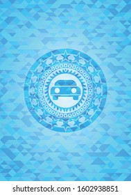 car seen from front icon inside sky blue emblem with mosaic ecological style background