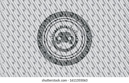 car seen from front icon inside shiny silver emblem. Scales pattern. Vector Illustration. Detailed.