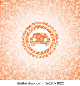 car seen from front icon inside abstract orange mosaic emblem with background