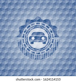 car seen from front icon inside blue emblem or badge with geometric pattern background.