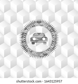 car seen from front icon inside realistic grey emblem with cube white background