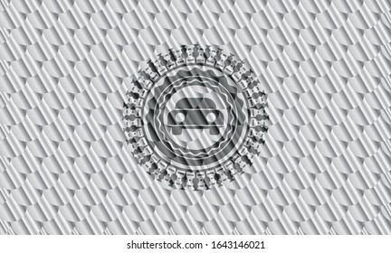 car seen from front icon inside silver badge. Scales pattern. Vector Illustration. Detailed.