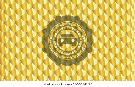 car seen from front icon inside gold shiny emblem. Scales pattern. Vector Illustration. Detailed.