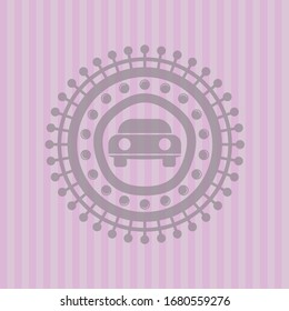 car seen from front icon inside pink emblem. Retro