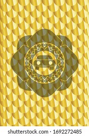 car seen from front icon inside shiny golden badge. Scales pattern. Vector Illustration. Detailed.