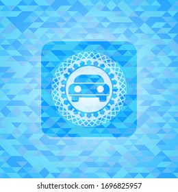 car seen from front icon inside sky blue emblem with mosaic ecological style background