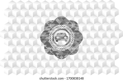 car seen from front icon inside grey emblem with cube white background