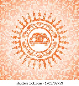 Auto von der Vorderseite des abstrakten Emblems, orangefarbener Mosaikhintergrund