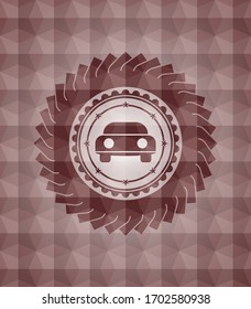 car seen from front icon inside red badge with geometric pattern background. Seamless. 