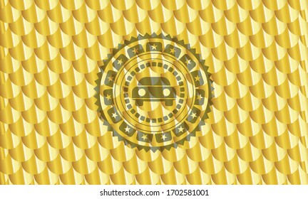car seen from front icon inside gold shiny emblem. Scales pattern. Vector Illustration. Detailed. 