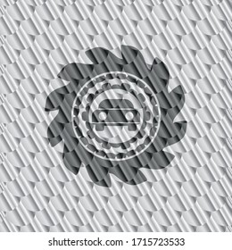 car seen from front icon inside shiny silver emblem. Scales pattern. Vector Illustration. Detailed. 