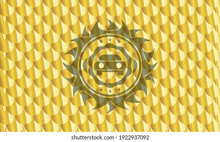 car seen from front icon inside golden badge. Scales pattern. Vector Illustration. Detailed. 