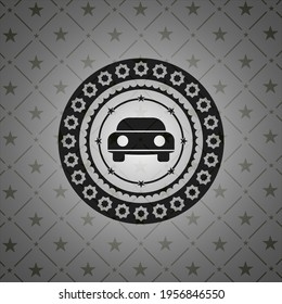 car seen from front icon inside dark badge or emblem. 