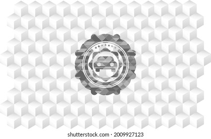 car seen from front icon inside grey emblem. Vintage with geometric cube white background. 