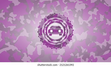 car seen from front icon inside pink camouflaged emblem. 