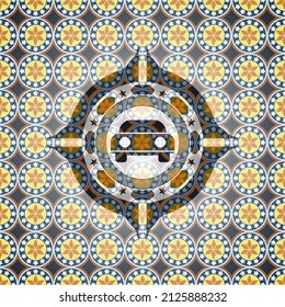 car seen from front icon inside arabesque emblem background. arabic decoration. 