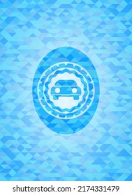 car seen from front icon inside realistic sky blue mosaic emblem. 