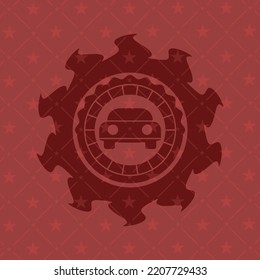 car seen from front icon inside red emblem. 