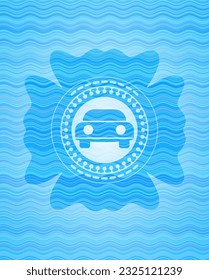 coche visto desde el icono frontal dentro del emblema del estilo de onda de agua azul cielo. 