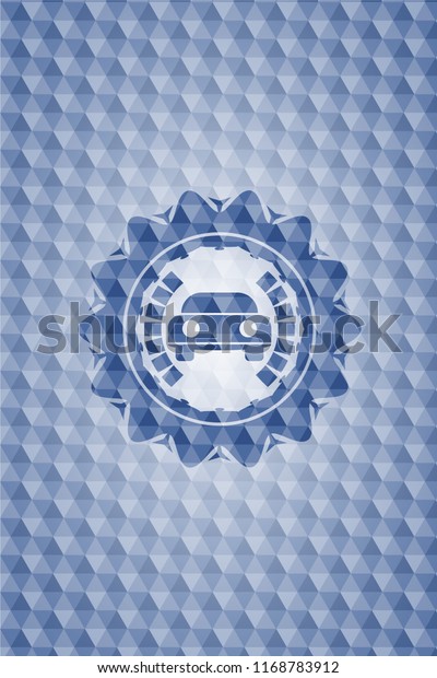 car seen from front icon inside blue badge\
with geometric pattern\
background.