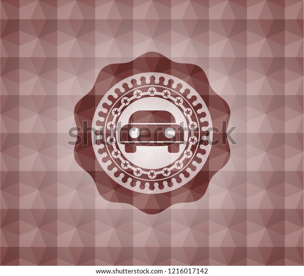 car seen from front icon inside red seamless\
emblem with geometric\
background.