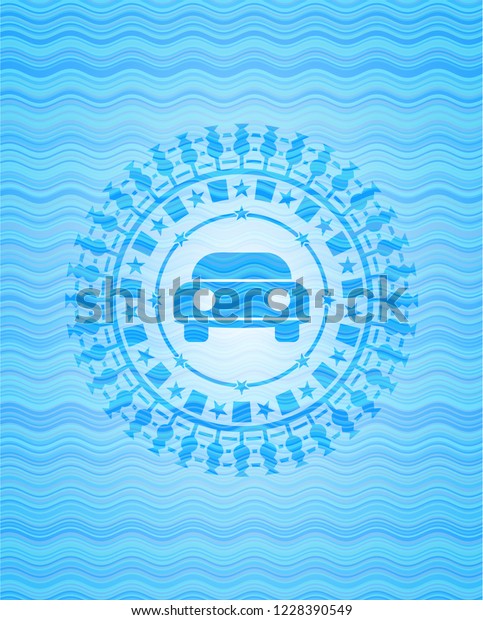 car seen from front icon inside light blue\
water wave emblem\
background.