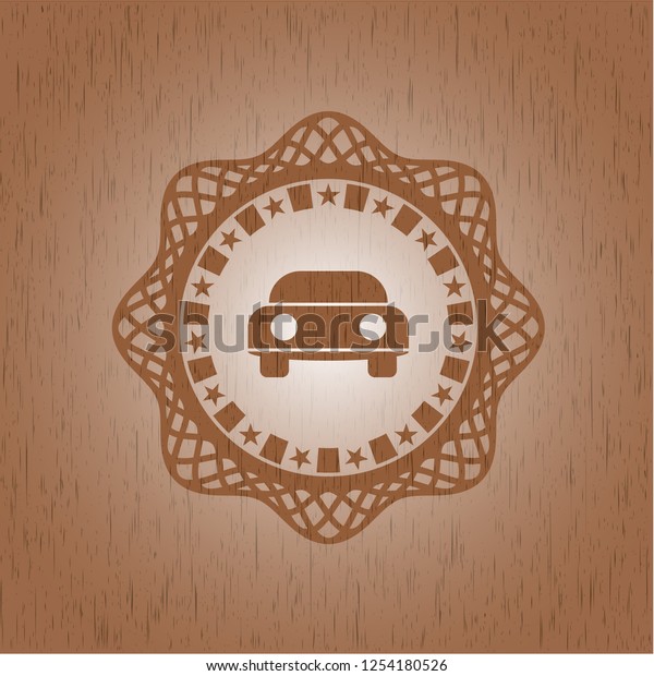 car seen from front icon inside badge with\
wood background