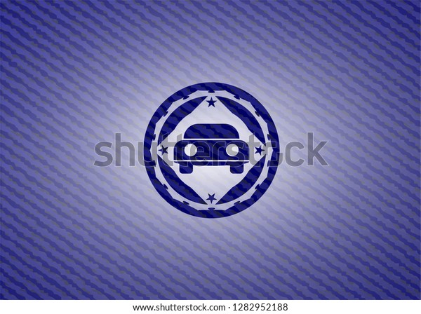 car\
seen from front icon inside badge with denim\
texture