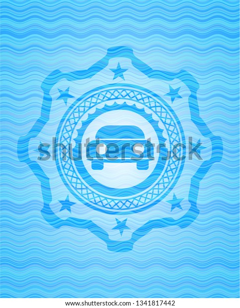 car seen from front icon inside light blue\
water wave badge\
background.