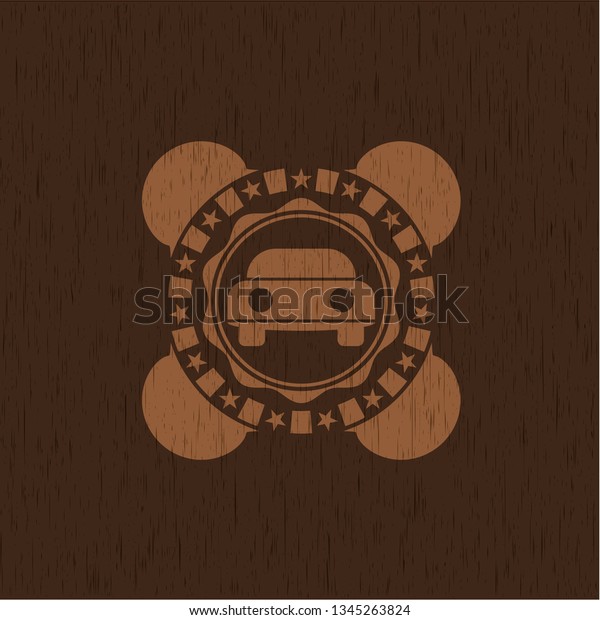 car seen\
from front icon inside wooden emblem.\
Retro