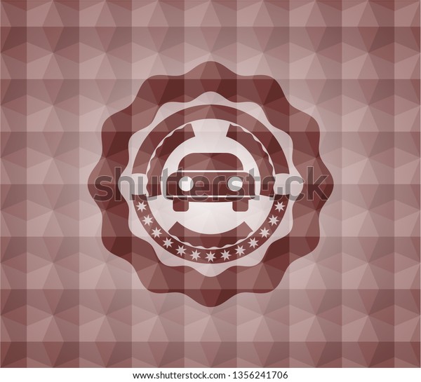 car seen from front icon inside red\
badge with geometric pattern background.\
Seamless.