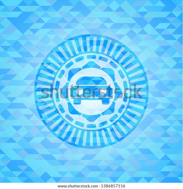 car seen from front icon inside sky blue\
emblem with triangle mosaic\
background