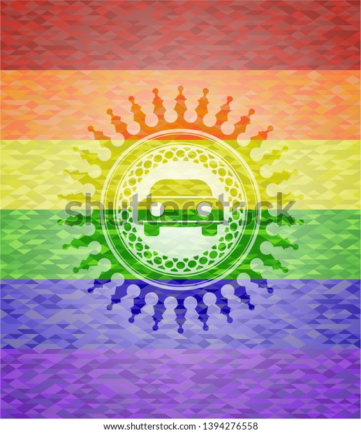 car seen from front icon inside\
emblem on mosaic background with the colors of the LGBT\
flag