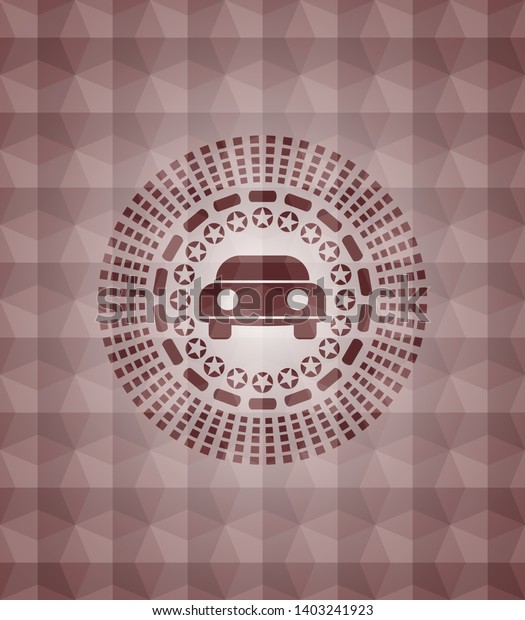 car seen from front icon inside red geometric\
pattern emblem. Seamless.