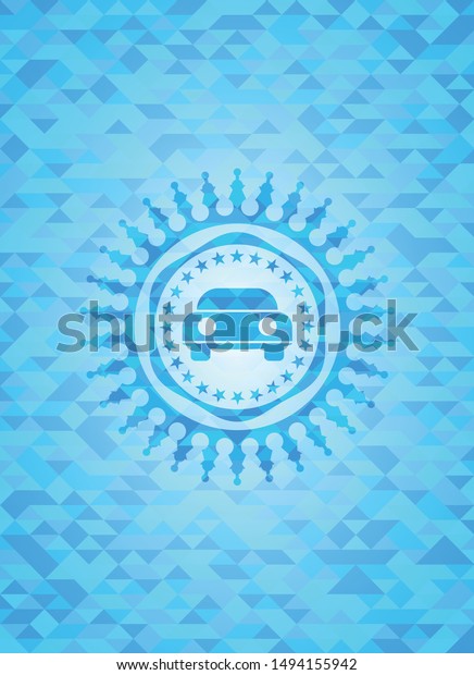 car seen from front icon inside sky blue\
emblem with mosaic ecological style\
background