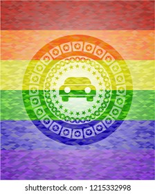 car seen from front icon on mosaic background with the colors of the LGBT flag