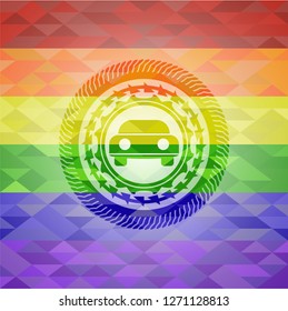 car seen from front icon on mosaic background with the colors of the LGBT flag