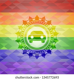 car seen from front icon on mosaic background with the colors of the LGBT flag