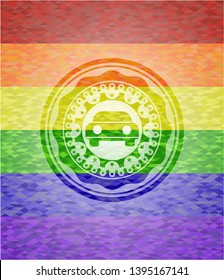 car seen from front icon on mosaic background with the colors of the LGBT flag