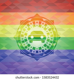 car seen from front icon on mosaic background with the colors of the LGBT flag
