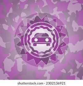 car seen from front icon on pink and purple camouflage texture. 