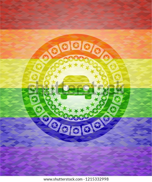 car seen from front icon on mosaic background\
with the colors of the LGBT\
flag