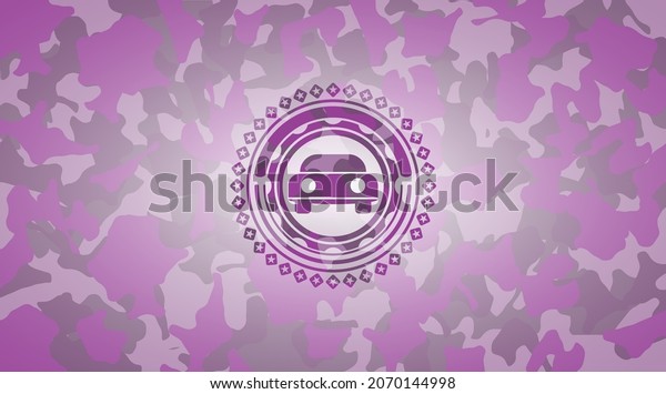 car seen from front icon on pink and purple camo\
texture. 