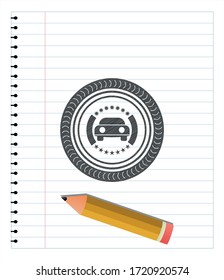 car seen from front icon pencil emblem. Vector Illustration. Detailed. 