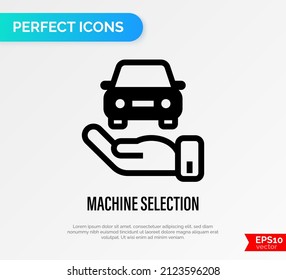 Car selection thin line icon, car in hand. Vector illustration of car insurance.