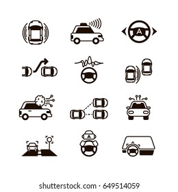 Car self control, futuristic driving intelligent vehicle systems vector icons
